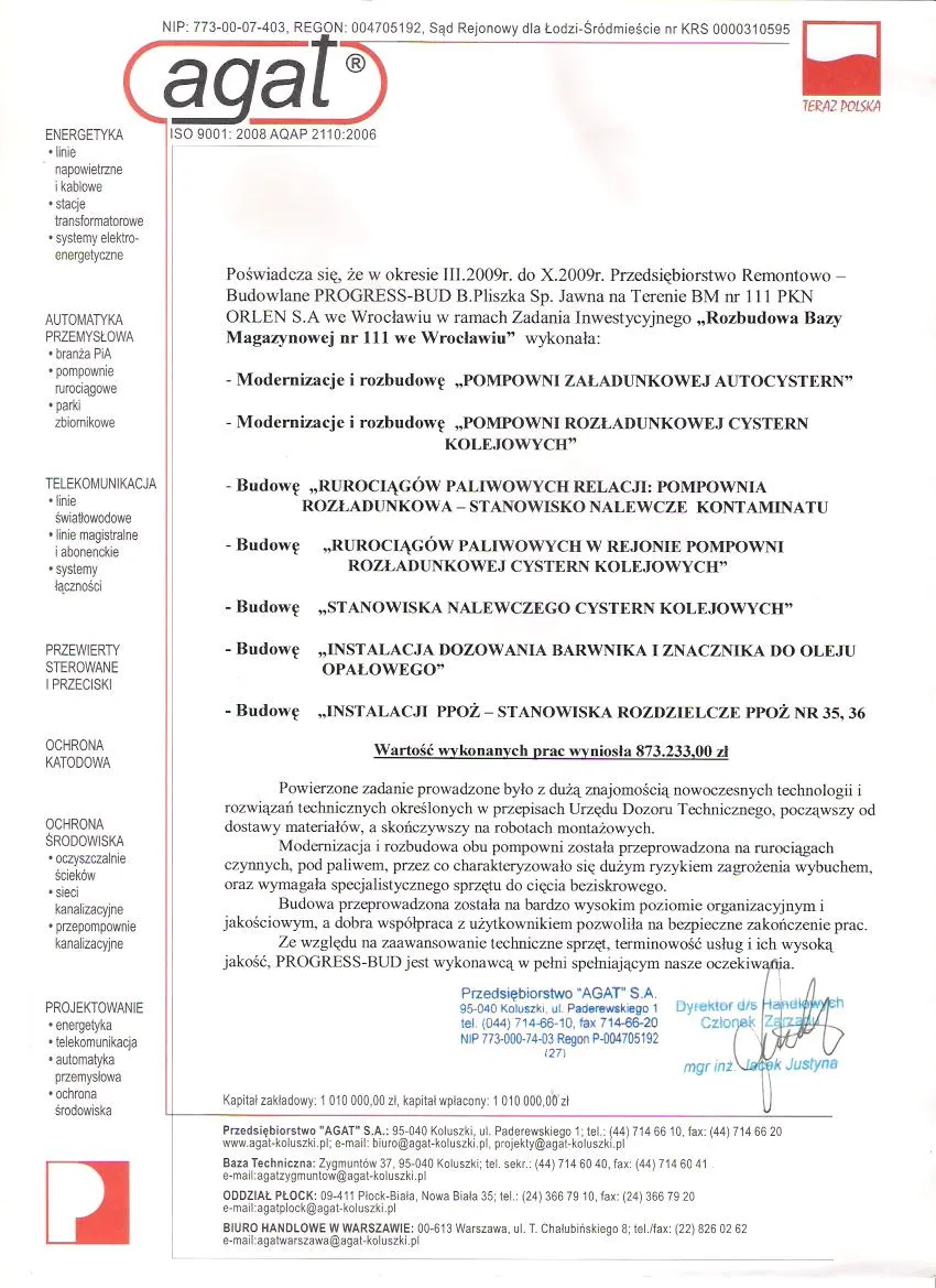 List referencyjny: AGAT S.A.