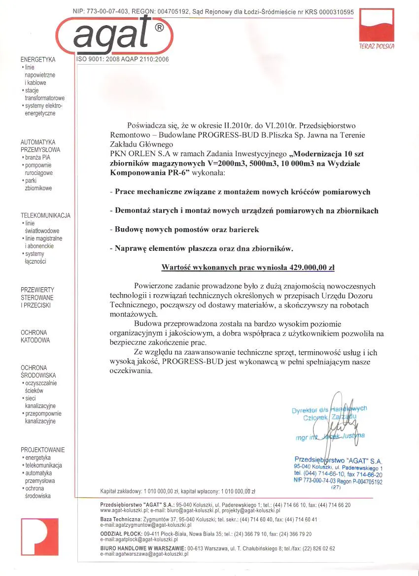 List referencyjny: AGAT S.A.