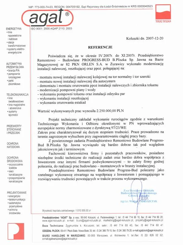 List referencyjny: AGAT S.A.