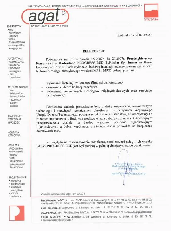 List referencyjny: AGAT S.A.