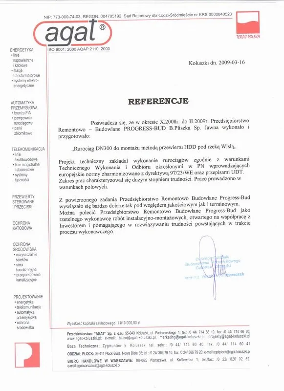 List referencyjny: AGAT S.A.