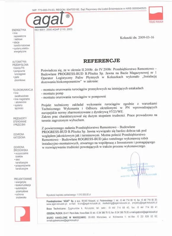 List referencyjny: AGAT S.A.