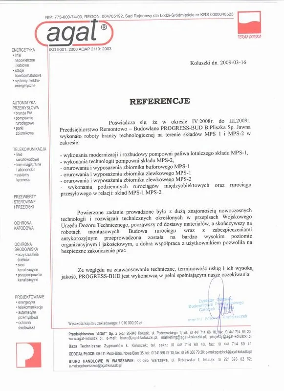 List referencyjny: AGAT S.A.