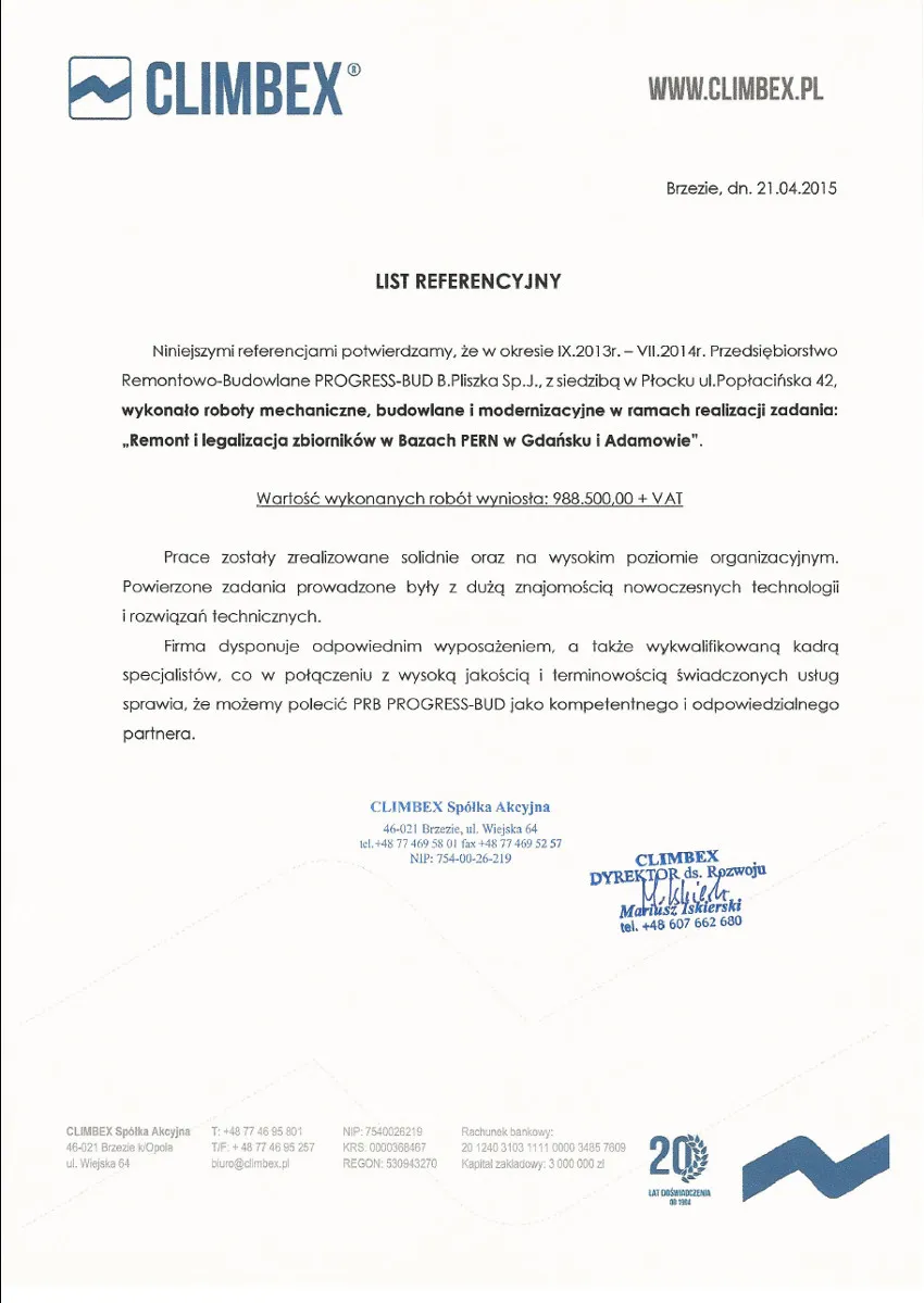 List referencyjny: CLIMBEX S.A.