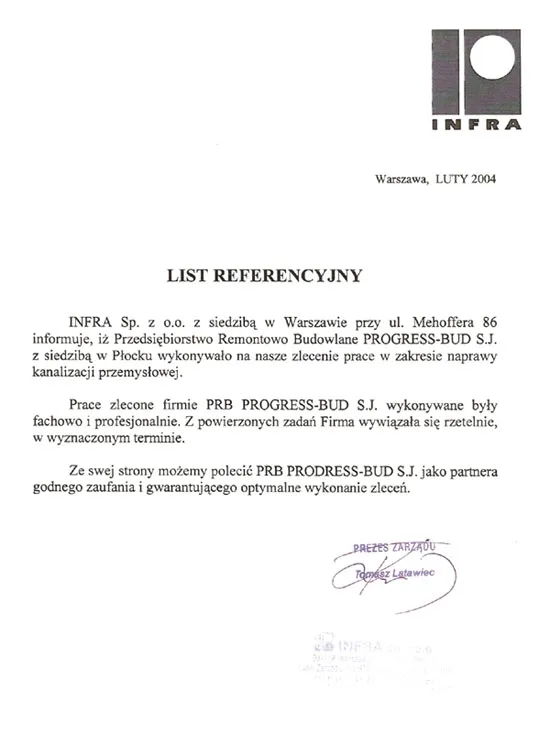 List referencyjny: INFRA Sp. z o.o.