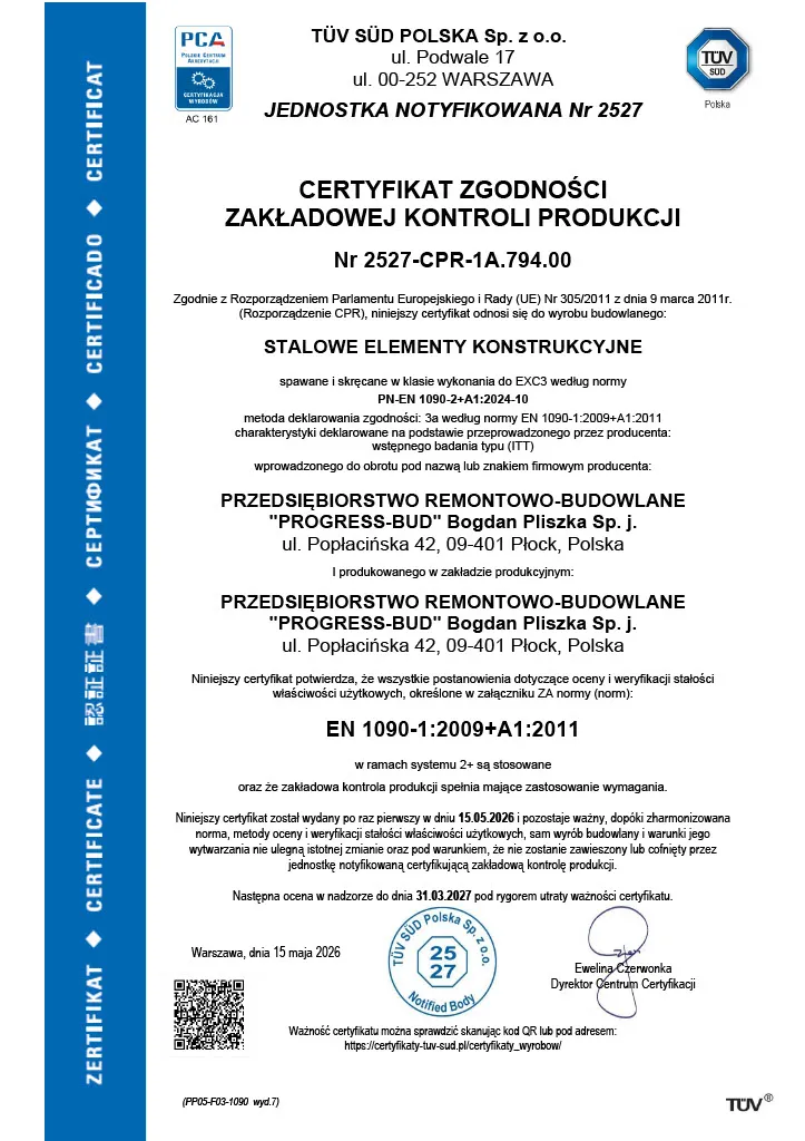 TÜV SÜD: EN 1090-1 · klasa EXC3